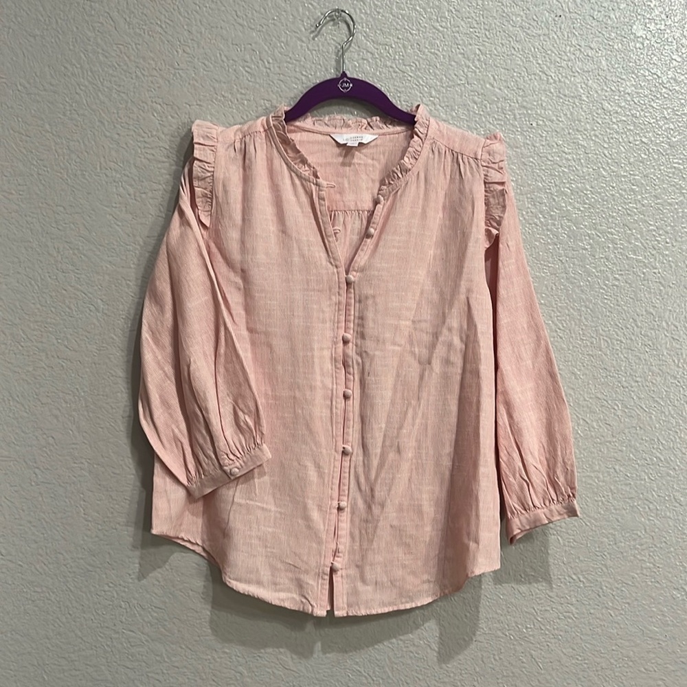 LC Lauren Conrad Women's Shirt Size Small Pink Striped Ruffle Button Up Blouse
